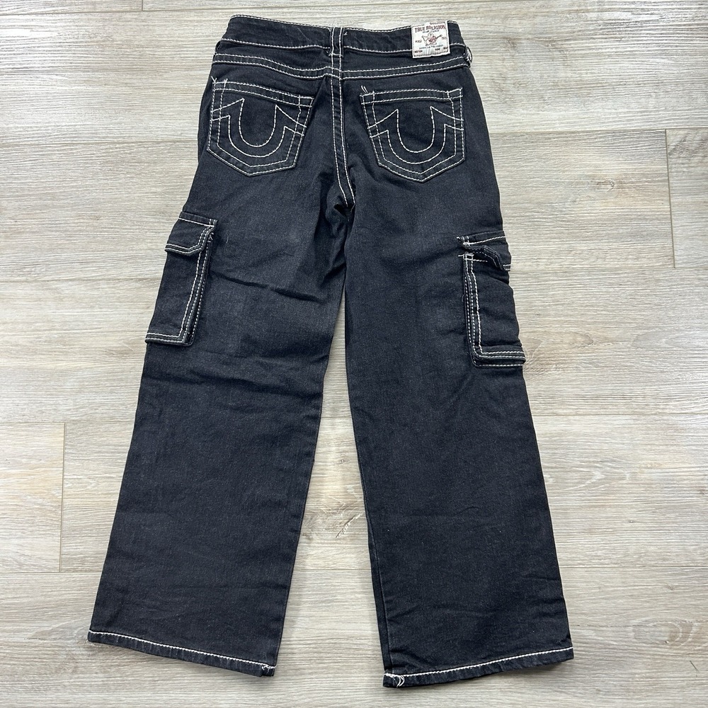 True Religion Girls‎ Size 10 Black Denim Baggy Jeans Wide Leg Pink Topstitch